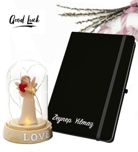 Kişiye Özel Siyah Deri Defter & Işıklı Melek Fanus