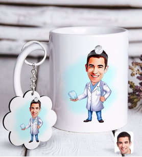 BK Gift Kişiye Özel Erkek Diş Hekimi Karikatürlü Beyaz Kupa ve Anahtarlık Hediye Seti-3 (Model 1)