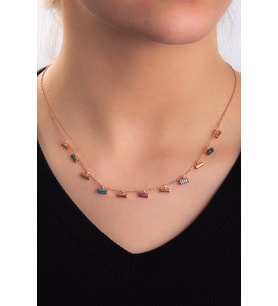 Renkli Zirkon Taşlı Rose Altın Kaplama Kadın Gümüş Kolye 925 Ayar