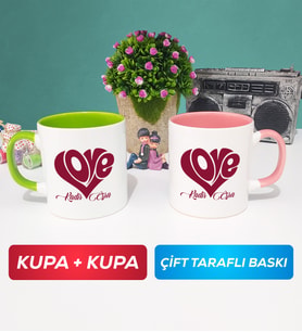 İkili Love Tasarımlı Sevgililer Günü Hediyesi Kupa Bardak Yeşil Pembe