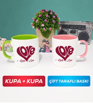 İkili Love Tasarımlı Sevgililer Günü Hediyesi Kupa Bardak Yeşil Pembe