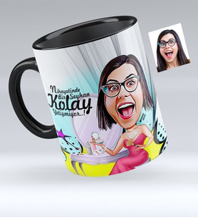 BK Gift Kişiye Özel Bayan Süslü Karikatürlü Siyah Kupa Bardak  1