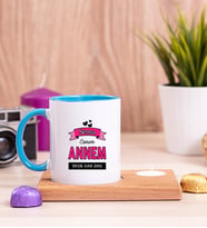 Canım Annem Ahşap Altlıklı Mumlu Mavi Kupa Bardak