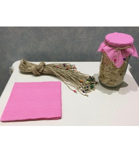 25 Adet Puantiyeli Pembe Kavanoz Kapağı Kumaşı (Örtüsü) ve Boncuklu Bağlama İpi