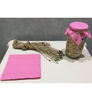 25 Adet Puantiyeli Pembe Kavanoz Kapağı Kumaşı (Örtüsü) ve Boncuklu Bağlama İpi