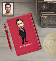 Kişiye Özel İş Adamı Karikatürlü  Kırmızı Defter Kalem Hediye Seti Bay-6