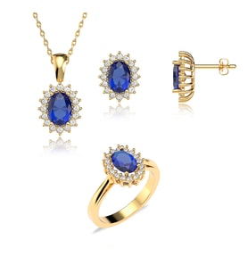 Oval Safir Taşlı Anturaj Pırlanta Montür Altın Kaplama Gümüş Üçlü Set