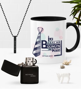 BK Gift Kişiye Özel İlk Babalar Günün Kutlu Olsun Siyah Kupa Çakmak Kolye Seti-3 (Model 1)