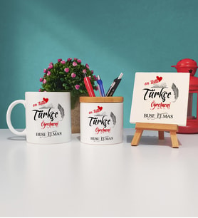 Mesajlı Türkçe Öğretmeni Kupa Bardak Kalemlik ve Dekoratif Taş Baskı Hediye Seti