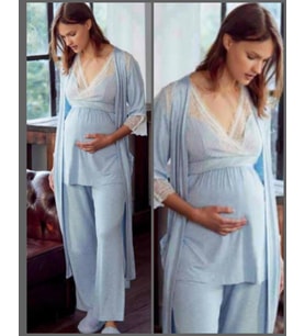 ANIL 9603  MAVİ Yeni Sezon Hamile Lohusa 3Lü Pijama Sabahlık Takım