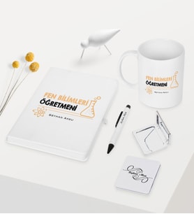 BK Gift Kişiye Özel Fen Bilimleri Öğretmeni Temalı Beyaz Defter Kalem Kupa Ayna Seti - 4