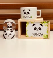 Panda Hediye Seti Kar Küresi Ahşap Kutulu Kupa