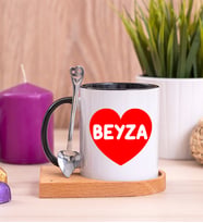 İsim Yazılı Kırmızı Kalpli Ahşap Altlıklı Siyah Kupa Bardak