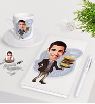 BK Gift Kişiye Özel Erkek Öğretmen Karikatürlü Beyaz Defter Kalem Türk Kahvesi Fincanı Seti-8 (Model 1)