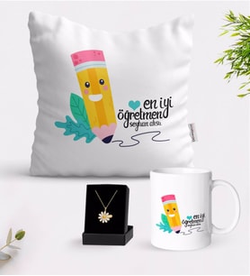 BK Gift Kişiye Özel En İyi Öğretmen Beyaz Kupa Yastık ve İsimli Papatya Kolye Hediye Seti-10 (Model 1)