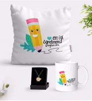 BK Gift Kişiye Özel En İyi Öğretmen Beyaz Kupa Yastık ve İsimli Papatya Kolye Hediye Seti-10 (Model 1)