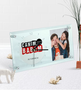 BK Gift Kişiye Özel Fotoğraflı Canım Babam Masaüstü Cam Saat-6 (Beyaz)