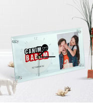 BK Gift Kişiye Özel Fotoğraflı Canım Babam Masaüstü Cam Saat-6 (Beyaz)