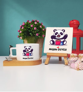 Sevimli Panda Tasarımlı Kişiye Özel Panda Ahşap Altlıklı Fincan ve Dekoratif Taş Baskı Seti