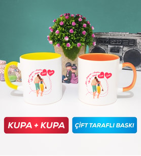 İkili Sevgiliye Sevgililer Günü Hediyesi 1 Kupa Bardak Sarı Turuncu