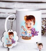 BK Gift Kişiye Özel Bebek Doğum Günü Karikatürlü Beyaz Kupa ve Anahtarlık Hediye Seti-2 (Model 1)