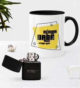 BK Gift Kişiye Özel Mimar Baba Siyah Kupa Bardak Benzinli Metal Çakmak Seti-2 (Model 1)