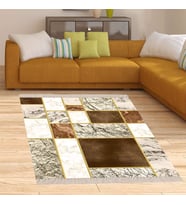 Mermer Desenli Gold Şeritli Dijital Baskı Yıkanabilir Kaymaz Taban Kilim Model Salon Halısı (Beyaz - Kahverengi)