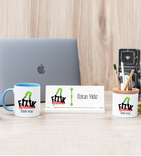 Fizik Öğretmeni Mavi Kupa Bardak Kalemlik Ve Masa İsimliği Hediye Seti