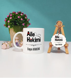 Aile Hekimi Tasarımlı Hediye Aile Hekimi Kupa Bardak ve Ahşap Anahtarlık Hediye Seti
