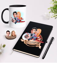 BK Gift Kişiye Özel Yılın En Mükemmel Çifti Karikatürlü Siyah Defter Kalem ve Kupa Seti-11 (Model 1)
