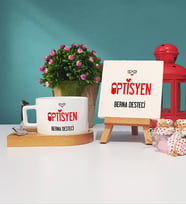 Optisyen Ahşap Altlıklı Fincan ve Dekoratif Taş Baskı Seti