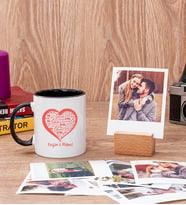 Kişiye Özel Kalpli Siyah Kupa Bardak ve Ahşap Standlı Polaroid Set