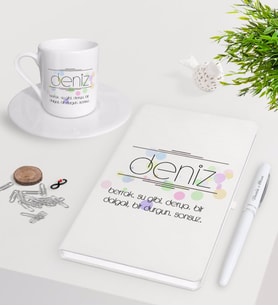 BK Gift Kişiye Özel İsim Anlamı Beyaz Defter Kalem Türk Kahvesi Fincanı Seti-1 (Model 1)
