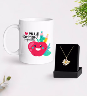 BK Gift Kişiye Özel En İyi Öğretmen Kupa Ve Papatya Kolye Hediye Seti-11 (Model 1)