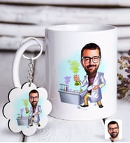 BK Gift Kişiye Özel Erkek Kimyager Karikatürlü Beyaz Kupa ve Anahtarlık Hediye Seti-1 (Model 1)