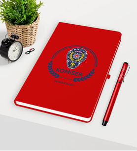 BK Gift Kişiye Özel Komiser Temalı Kırmızı Defter Kalem Seti - 2