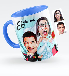 BK Gift Kişiye Özel Evleniyoruz Karikatürlü Mavi Kupa Bardak  2