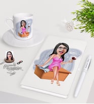 BK Gift Kişiye Özel Bayan Patron Karikatürlü Beyaz Defter Kalem Türk Kahvesi Fincanı Seti-7 (Model 1)