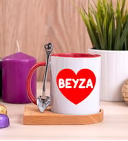 İsim Yazılı Kırmızı Kalpli Ahşap Altlıklı Kırmızı Kupa Bardak