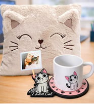 Kişiye Özel Fotoğraflı Premium Polar Kedi Yastık & Kedi Figürlü Tabaklı Kupa