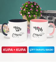 İkili Çiftlere Özel Mr Mrs Sevgiliye Hediye Kupa Bardak Siyah Pembe