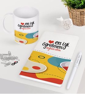 BK Gift Kişiye Özel En İyi Öğretmen Beyaz Defter Kalem Kupa Seti-4 (Model 1)