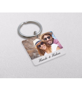 BK Gift Kişiye Özel Fotoğraflı Şeffaf Kare Pleksi Anahtarlık-1 (Beyaz)