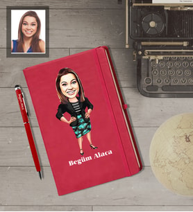 Kişiye Özel İş Kadını Karikatürlü  Kırmızı Defter Kalem Hediye Seti Bayan-14