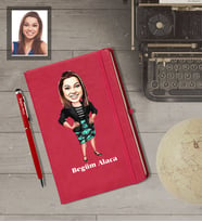 Kişiye Özel İş Kadını Karikatürlü  Kırmızı Defter Kalem Hediye Seti Bayan-14