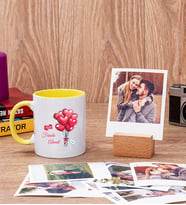 Sevgililere Özel Balon Tasarım Sarı Kupa Bardak ve Ahşap Standlı Polaroid Set