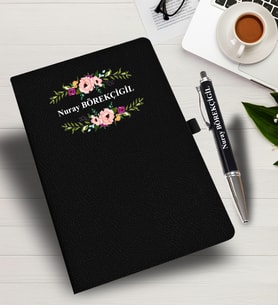 Kişiye Özel Çiçek Desen Baskılı İsme Özel Defter ve Kalem