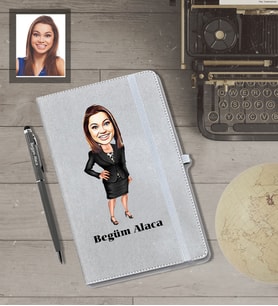 Kişiye Özel Öğretmen Karikatürlü Gri Defter Kalem Hediye Seti  Bayan-12
