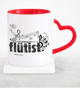 BK Gift Kişiye Özel Mesleki Flütist Kırmızı Kalpli Kupa Bardak  1