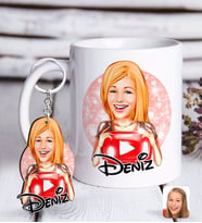BK Gift Kişiye Özel Kadın Youtuber Karikatürlü Beyaz Kupa ve Anahtarlık Hediye Seti-1 (Model 1)